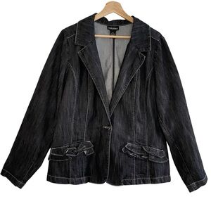 Lane Bryant Stretch Denim Blazer Ruffle Pockets Black One Button Work Casual 20